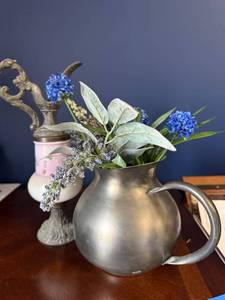 Vintage Ewer-Style Lamp Base with Pink Satin-Glass Vase