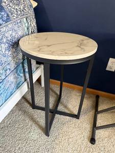Round Faux Marble Top Side Table - Black Metal Frame, 16 in Dia