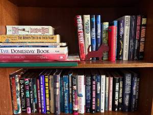 Books - Assorted Mystery & Thriller Collection on Wood Shelf