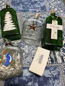 Glass Bottles (Lot of 4) - Tree, Faith Cross, Star Decanter, Bird Motif with Bottle top Light Inserts