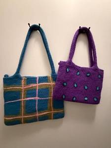 Windhorse Hand Felted Bags - Blue Grid Tote & Purple Dot Tote (Set of 2)