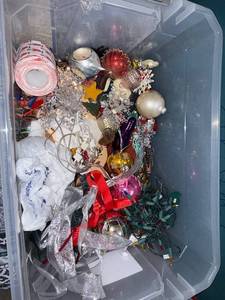 Assorted Christmas Ornaments in Clear Tote - Balls, Snowflakes, Stars & Ribbons