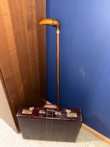 Carved Bird-Head Walking Cane with Leather Briefcase