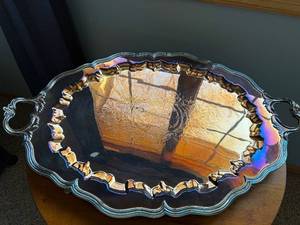 Nickel Silver Oval Tray with Ornate Rim and Dual Handles