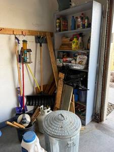Garage Tools & Garden Equipment - Shovels, Rakes, Brooms, Propane Tank, Shelving Unit