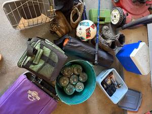 Assorted Outdoor Gear Bundle Boots, Coleman Cooler, Gas Cylinders