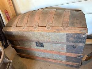 Antique Wooden Trunk With Iron Strap Bands