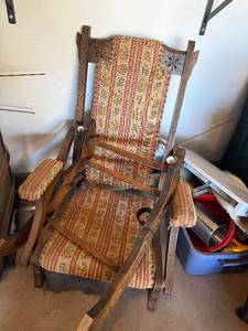 Vintage Carved Wood Rocking Chair - Floral Damask Upholstery