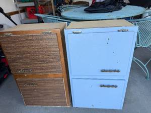 Vintage Cabinets Pair - Brown Wood Veneer & Light Blue Metal (Lot of 2)