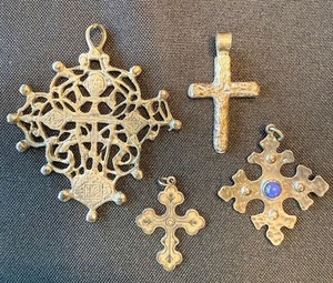 Vintage Cross Pendant Lot 4 Pc Mixed Metal Coptic Style Sterling 925