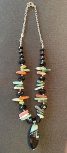 Vintage Beaded Statement Necklace Black Pendant Multicolor 10in