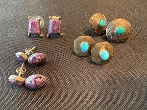 Vintage Sterling Silver and Stone Earrings Lot Charoite Turquoise Style 3 Pairs Unmarked