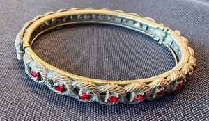 Vintage Gold Hinged Bangle Bracelet Red Rhinestones Repair (Not Tested)