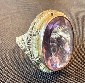 Vintage Art Deco Filigree Amethyst Ring Finished with Seed Pearl Halo 14K