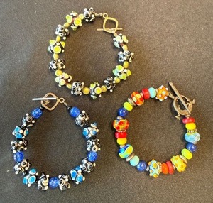 3 Handmade Lampwork Art Glass Beaded Bracelets Toggle Clasp Lot