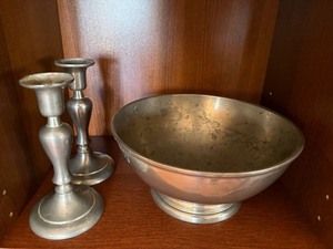 Stieff Williamsburg Pewter Bowl w Royal Holland Candlesticks Lot