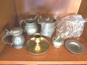 Antique Vintage Pewter Tableware Lot Tankard Pitchers Plate Brass Stick