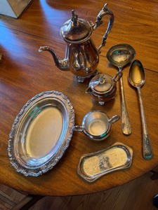 Vintage Silverplate Serving Lot F.B. Rogers Coffee Pot Tray Ladle 7 Pc