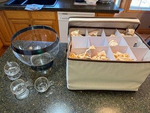 Vintage Glass Punch Bowl Set w Cups Storage Case Smoked Trim