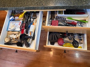 Mixed Kitchen Utensil & Flatware Lot  KitchenAid Henckels Oneida (3 drawers)