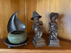 Vintage Bronze Metal Cherub Figural Bookends & Bowl Centerpiece 3 Pc Lot