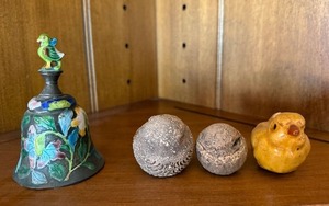 Vintage Enameled Bird Bell & Small Bird Figurines Decor Lot of 4