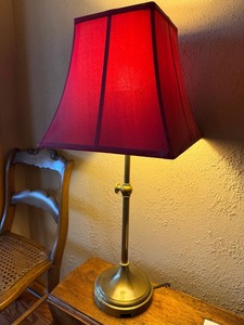 Brass Tone Table Lamp w Red Fabric Shade Approx 30 in Tested