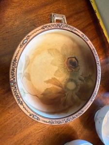 Vintage Hand Painted Floral Ceramic Footed Bowl w Handle Unmarked