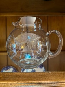 Vintage Etched Floral Clear Glass Pitcher Round Water Lemonade Jug