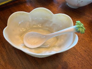 Belleek Ireland Porcelain Condiment Bowl w Spoon Floral Finial