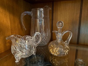 3 Pc Cut Glass Crystal Pitcher Creamer Cruet Decanter Lot