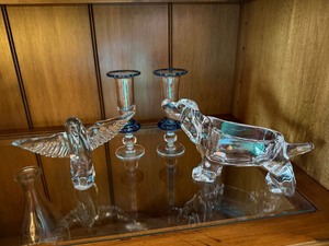 Mixed Vintage Art Glass Lot Elephant Bowl Candlesticks Bird Figurine