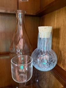 3 Pc Decorative Art Glass Bottle Decanter Tumbler Lot Blue Clear