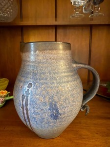 Unsigned Studio Art Pottery Pitcher Blue Gray Drip Glaze Jug Vase