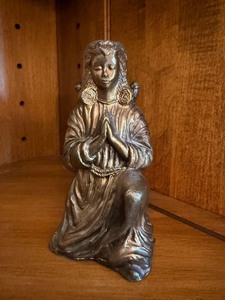 Kneeling Angel Figurine Silver Tone Cast Metal Signed Decorative Statue
