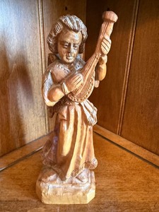 Vintage Bethlehem Olive Wood Hand Carved Angel Figurine Musician