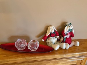 Decorative Home Decor Lot Rabbits Glass Votives Red Oval Platter