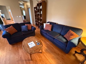 Blue Upholstered Sofa & Loveseat Set w Contrast Piping, Used