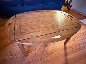 Vintage Oval Oak Folding Coffee Table w Handles Brass Hinges