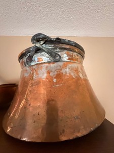 Antique Copper Kettle Cauldron Pot w Iron Swing Handle Tin Lined