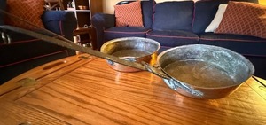 Pair Antique Hammered Copper Pans w Iron Handles Tin Lined 10in