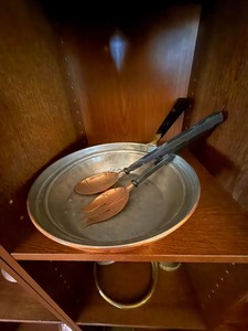 Vintage Copper Tone Salad Bowl with Serving Utensils Black Handles