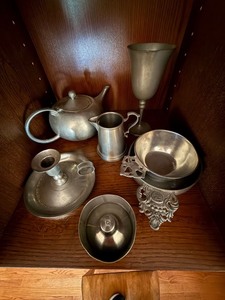 Mixed Pewter Tableware Lot Teapot Goblet Bowl Candlestick 6 Pc