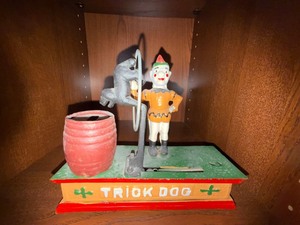 Vintage Trick Dog Cast Iron Mechanical Coin Bank Clown Circus