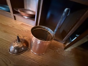 Vintage Hammered Copper Coal Hod Ash Bucket w Iron Handle & Funnel