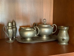 Vintage Pewter Tableware Lot Creamer Sugar Tray Shakers Vase 6 Pc