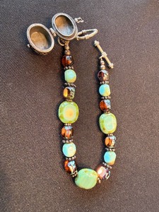 Handmade Beaded Bracelet Turquoise Amber Glass Silver Locket Clasp 8in