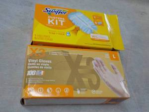 lot 119 image: Swiffer Duster Kit and Vinyl Gloves...