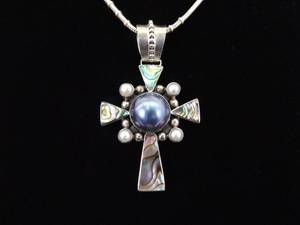 .925 Sterling Silver Abalone and Black Pearl Cross Pendant and Thick Necklace