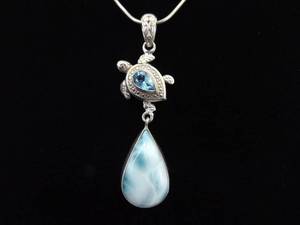 .925 Sterling Silver Larimar and Topaz Turtle Dangle Pendant Necklace